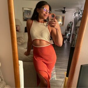 Zara Burnt orange and cream cutout midi dress